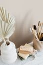 Arrangement of various eco friendly toiletries in bathroom