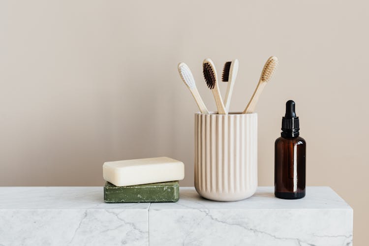 Set Of Natural Nonpolluting Toiletries On Marble Table