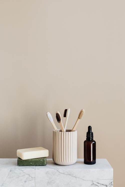 Zero waste organic toiletries on marble table