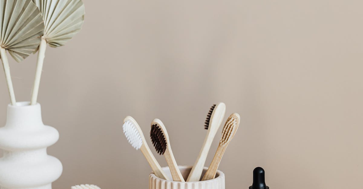 Collection of bamboo toothbrushes and organic natural soaps with wooden body brush arranged with recyclable glass bottle with natural oil and ceramic vase with artificial plant