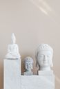 Set of various gypsum and stone Buddha sculptures placed on white marble shelf against beige wall as home decoration element and religion symbol