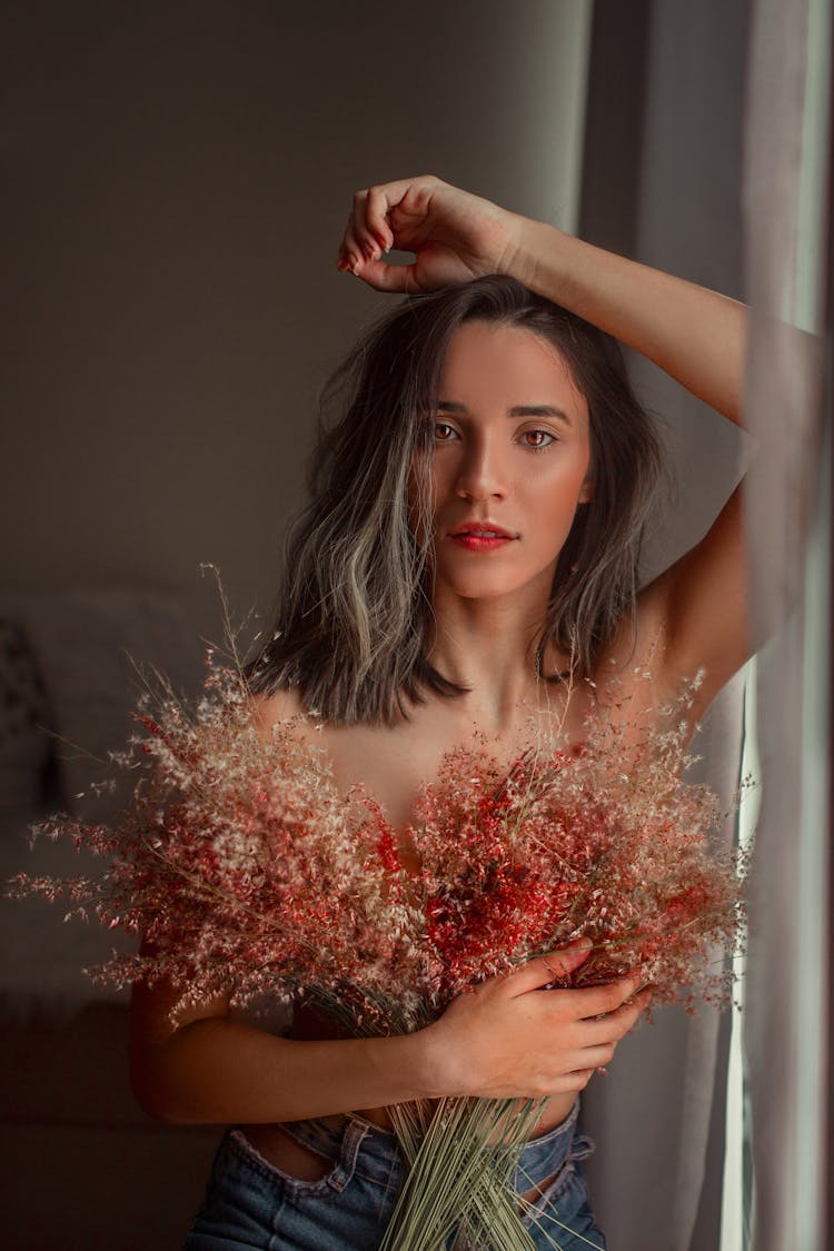 Woman In Red Floral Dress