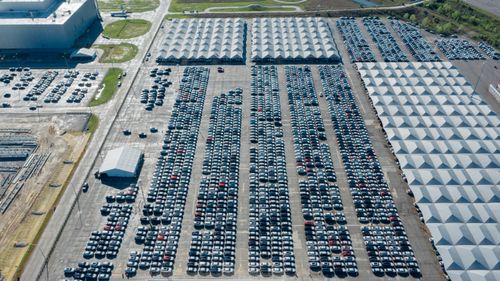 Free Aerial view of a vast car storage facility in Chattanooga, Tennessee. Stock Photo