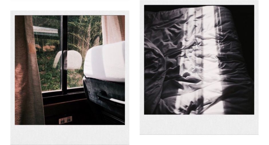 Minimalist Polaroid shots of a train window view and soft bed sheets in Japan.