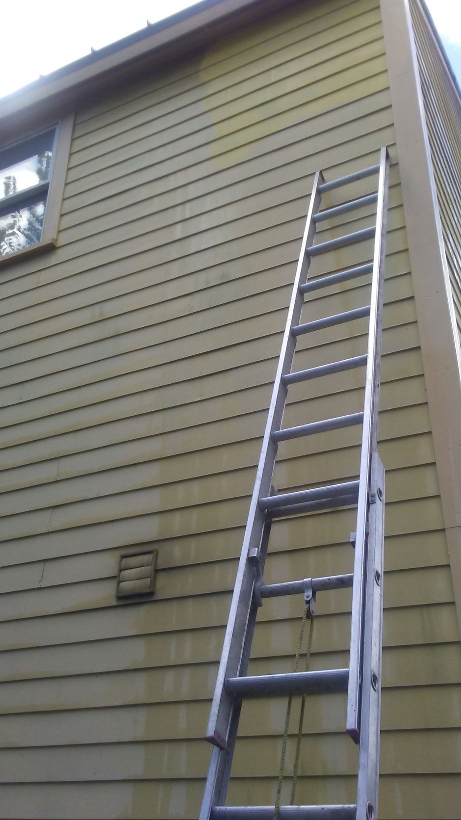 Technician pressure washing a house exterior from a ladder