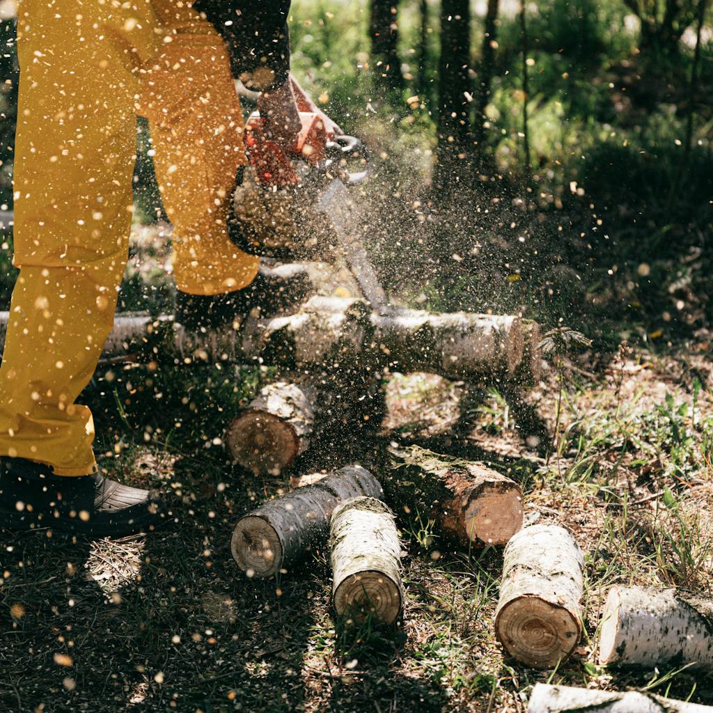 Person cutting wood with a chainsaw.