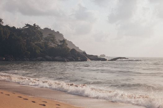 日出时分，宁静的海岸线、温和的海浪与郁郁葱葱的绿意，是旅行与自然主题的理想之选