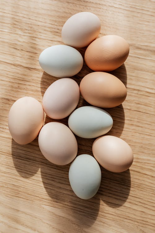 Free Top view composition of various organic chicken eggs placed on wooden background in daylight Stock Photo