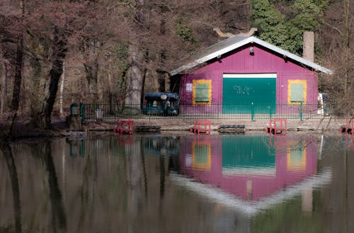 ピンクの塗られた家の近くの穏やかな水域