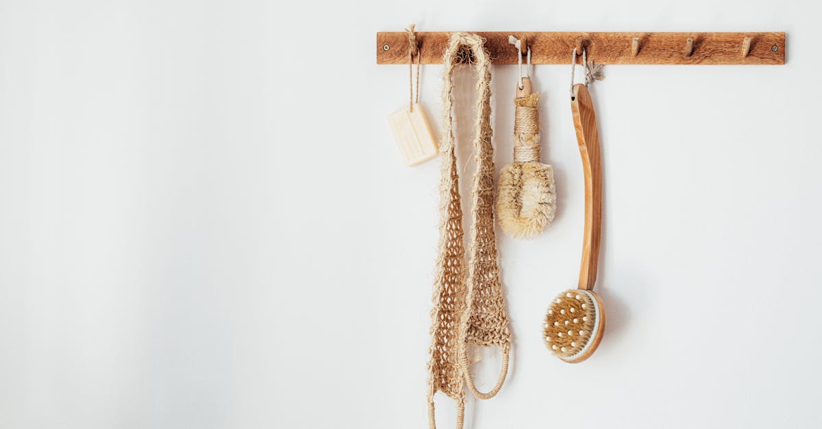 Eco friendly sisal brushes back scrubber and soap hanging on wooden hook hanger in bathroom