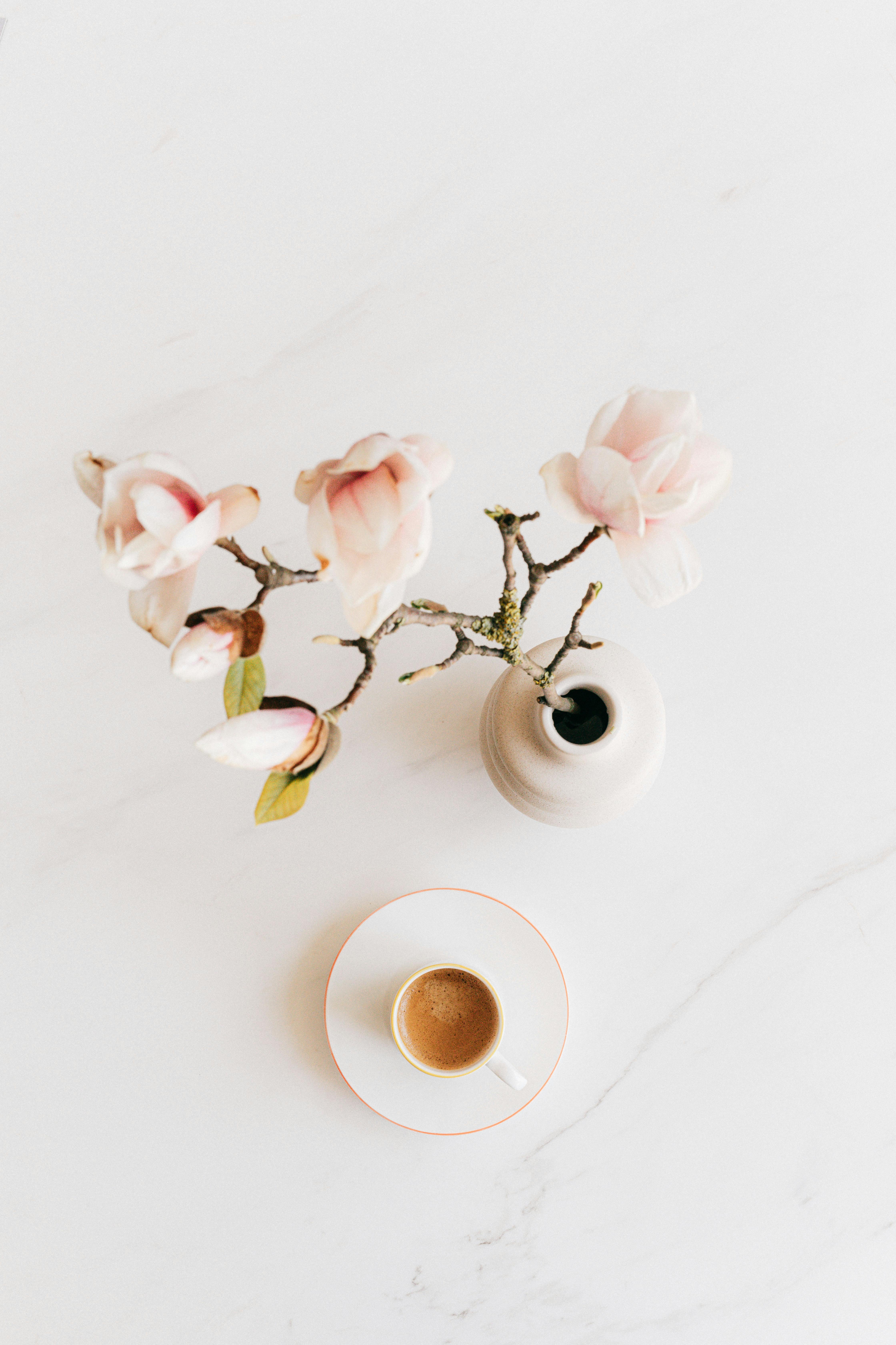 vase with flowers and cup of espresso