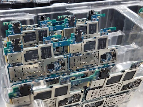 From above of circuit boards of modern smartphones placed in plastic box in electronics factory
