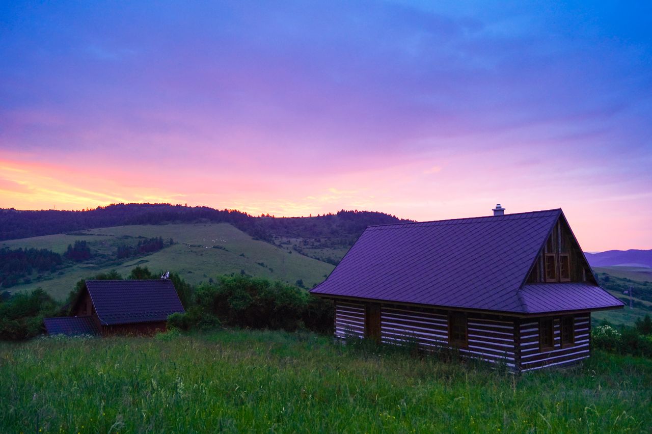 a charming cabin in a lush countryside setting at sunset surrounded by