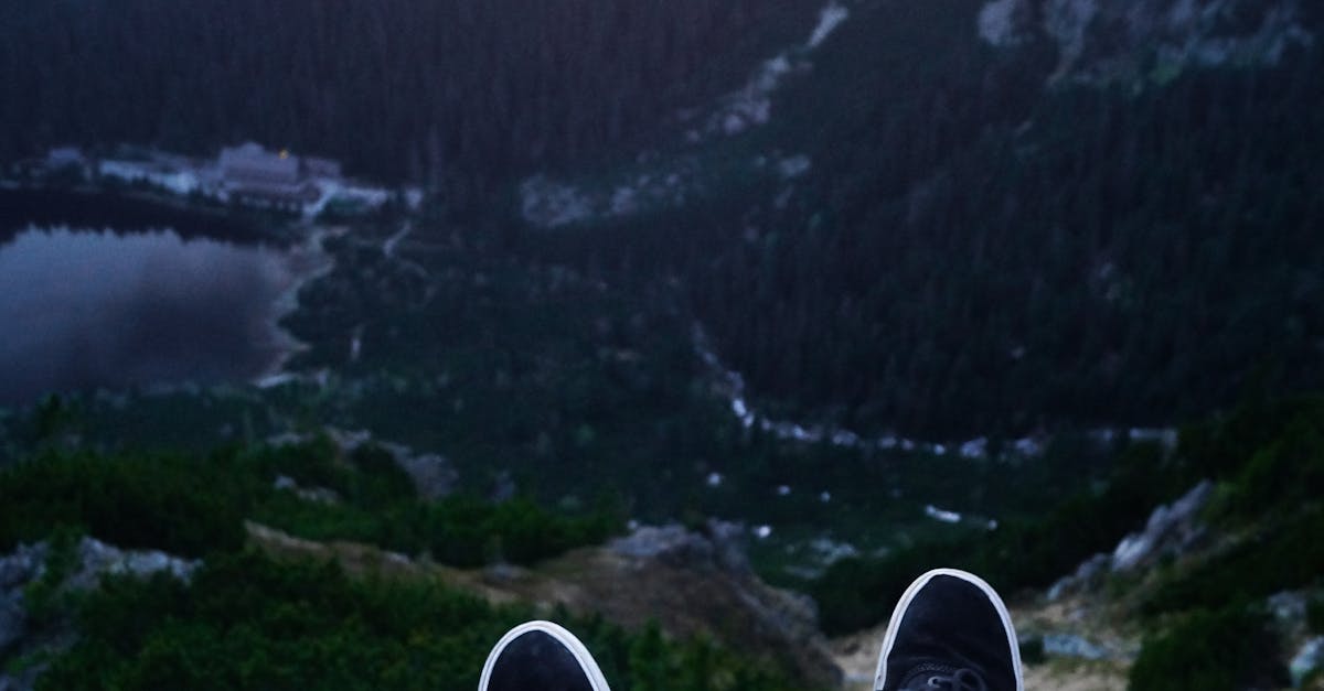 Person Wearing Denim Pants and Black Sneakers Sitting on Rock Cliff Viewing Mountains
