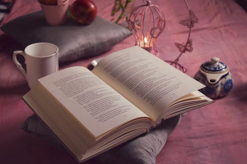 Free Opened book on pillow near cup of tea Stock Photo