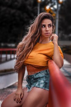 Side view of graceful sensual female with long hair wearing denim shorts and stylish top leaning on street railing while looking away alluringly