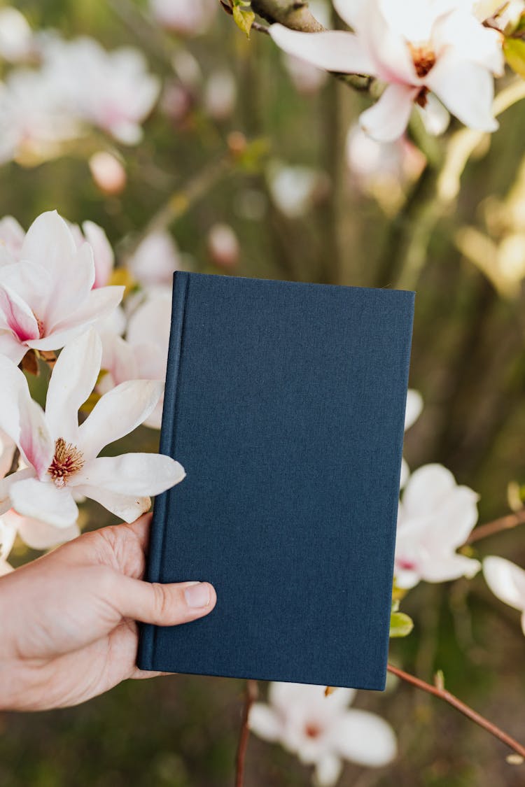 Crop Person With Book In Hand In Quiet Flower Garden