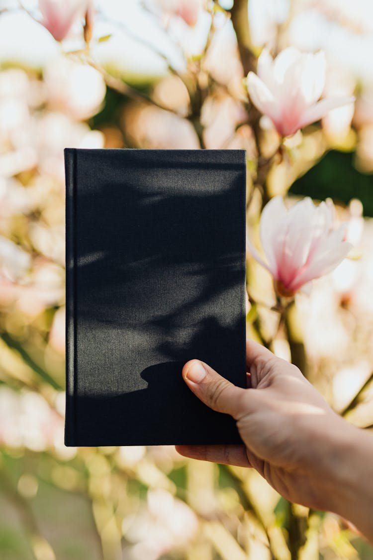 Crop Person With Black Notebook In Hand In Blossoming Garden