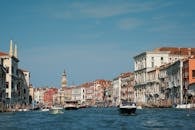 在晴朗的天空下，威尼斯大运河展现着美丽的景色、历史悠久的建筑和船只