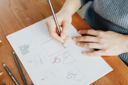 From above of faceless female designer in knitted sweater sitting at wooden table with sheet of paper while drawing with pencil