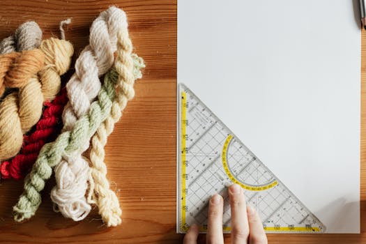 Top view of unrecognizable female weaver preparing template for future carpet on piece of paper using triangular protractor sitting at wooden table with yarn twists