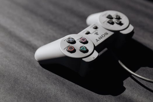 Retro Sony game controller with classic buttons on a textured dark surface, showcasing vintage electronics.