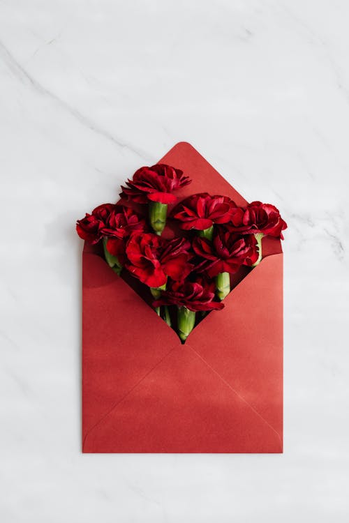 Red Flowers on Red Envelope Against White Surface