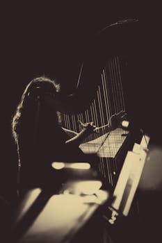Silhouette of a woman playing the harp during a concert, captured in a dramatic low light setting.