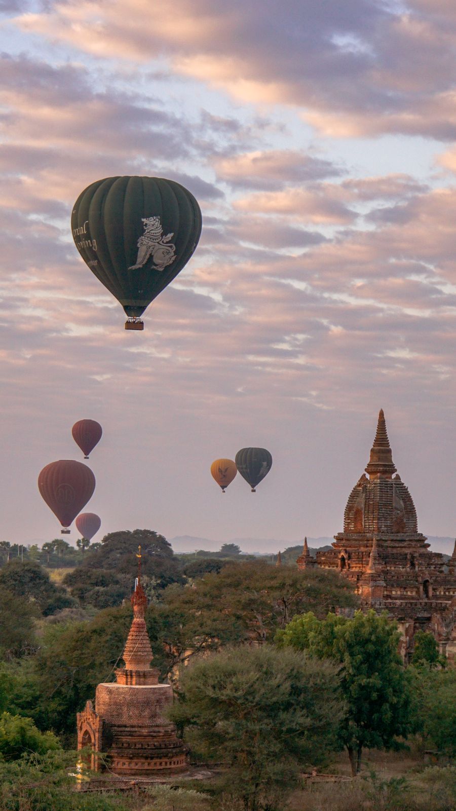 Hot-air balloons drifting over the temples of Bagan at dawn, Myanmar