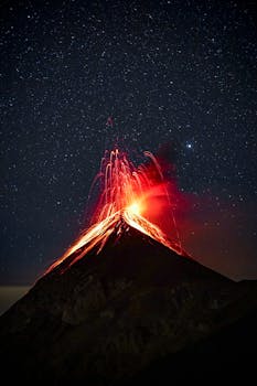 Volcano Erupting at Night Under Starry Sky with the Quote "The way out is in." written on it and have average color value #1E151A