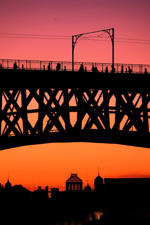 Silhouette of People Walking on the Bridge