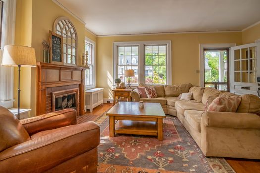 Inviting living room featuring classic furniture, a fireplace, and natural lighting.