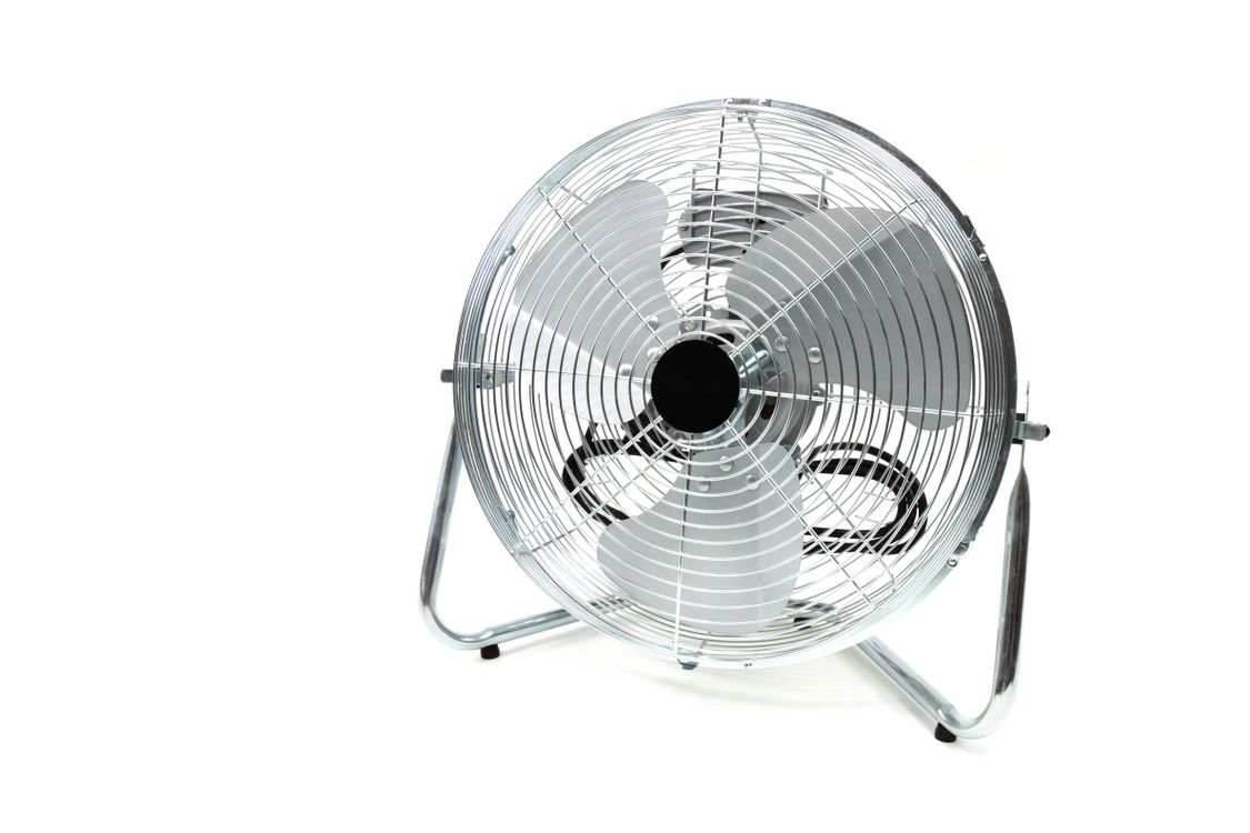 Industrial floor fan of the kind used to move air across wet building materials