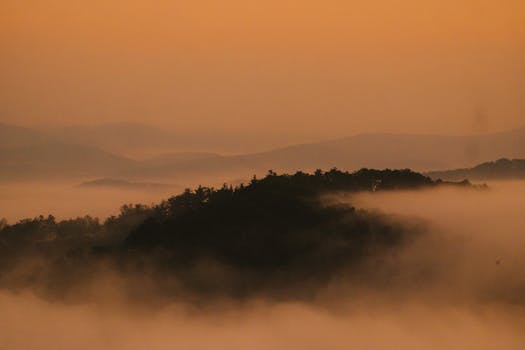 Breathtaking view of misty hills enveloped in fog at sunrise, creating a serene natural landscape.