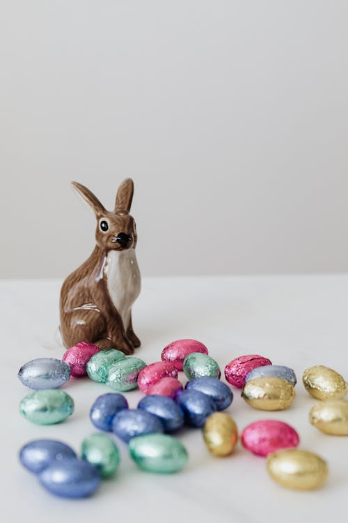 Brown Ceramic Rabbit And Chocolate Eggs