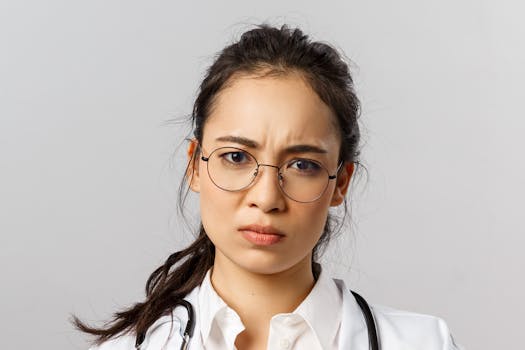Portrait of a serious female doctor wearing eyeglasses and a white coat, expressing confidence.