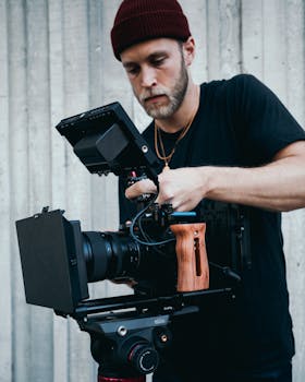 A male cinematographer adjusts a high-end camera with wooden handle for a professional shoot.