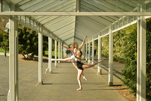 Flexible ballerinas performing dance on roofed pavement