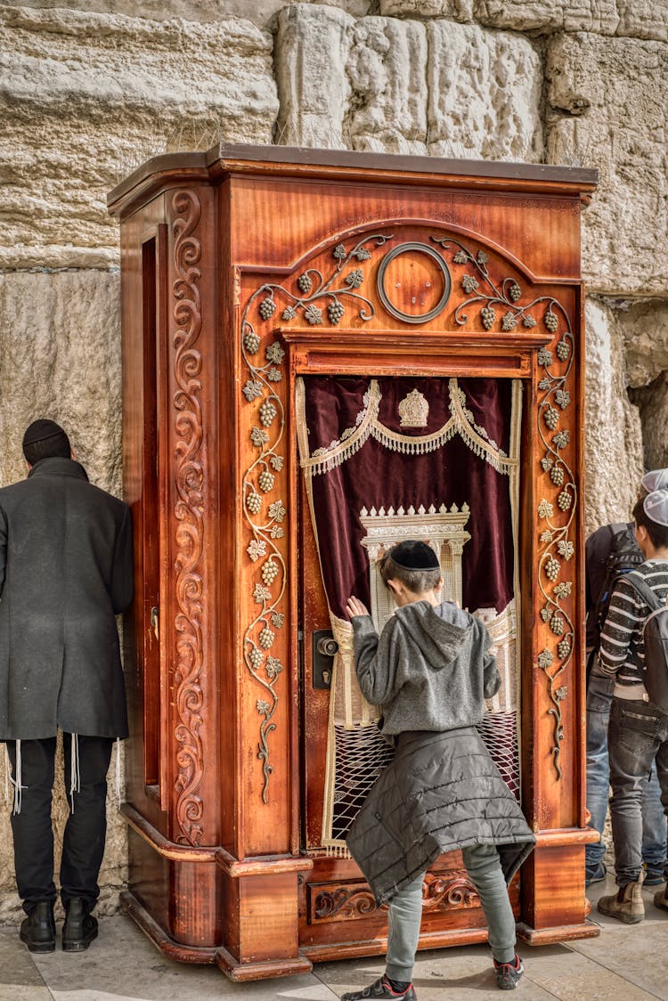 Jewish Boy Praying At Torah Ark