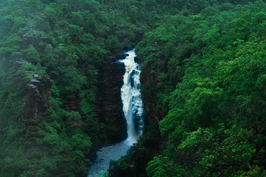 From above scenery view of rapid white cascade between lush green mounts with woods