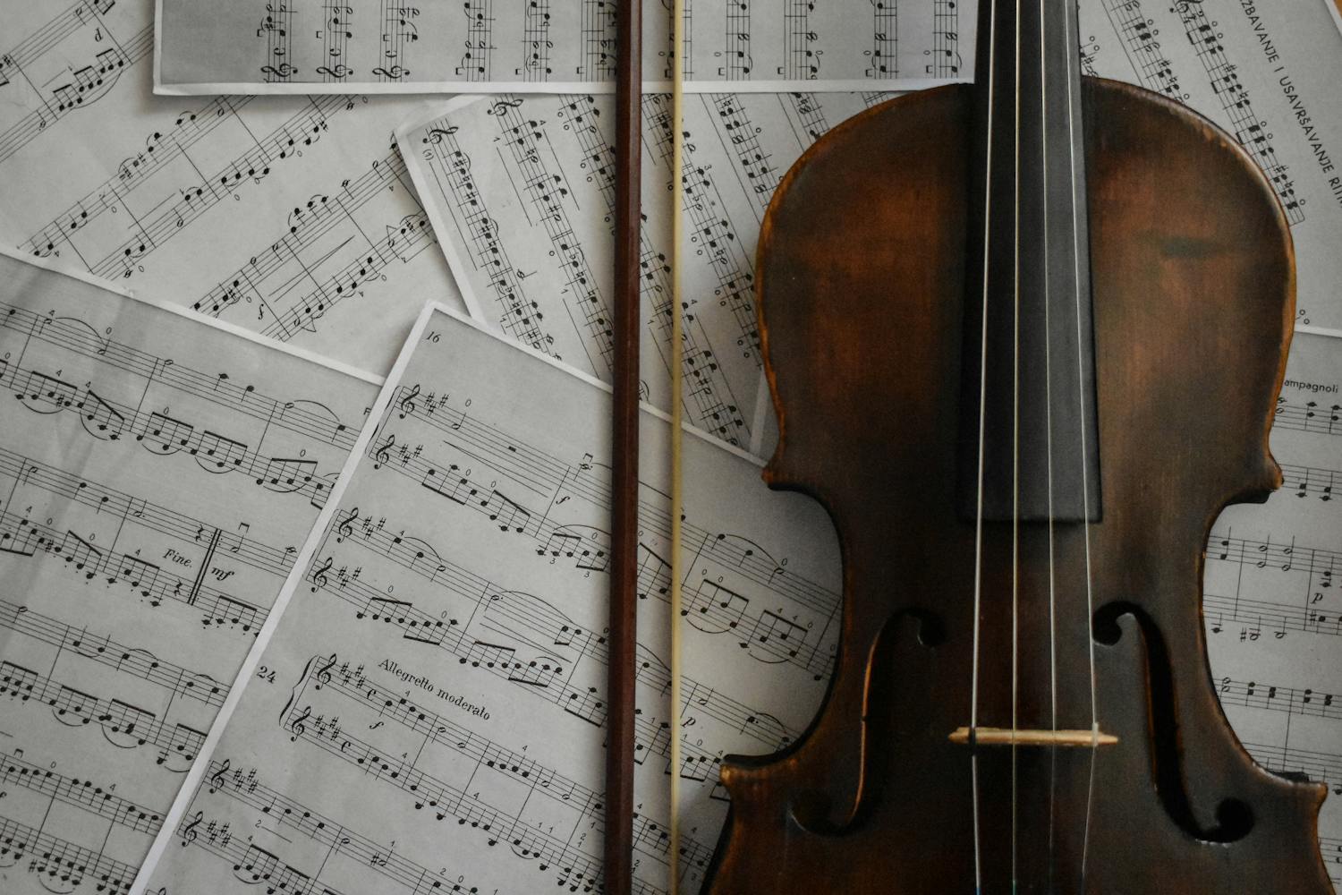 Violin resting on musical sheets