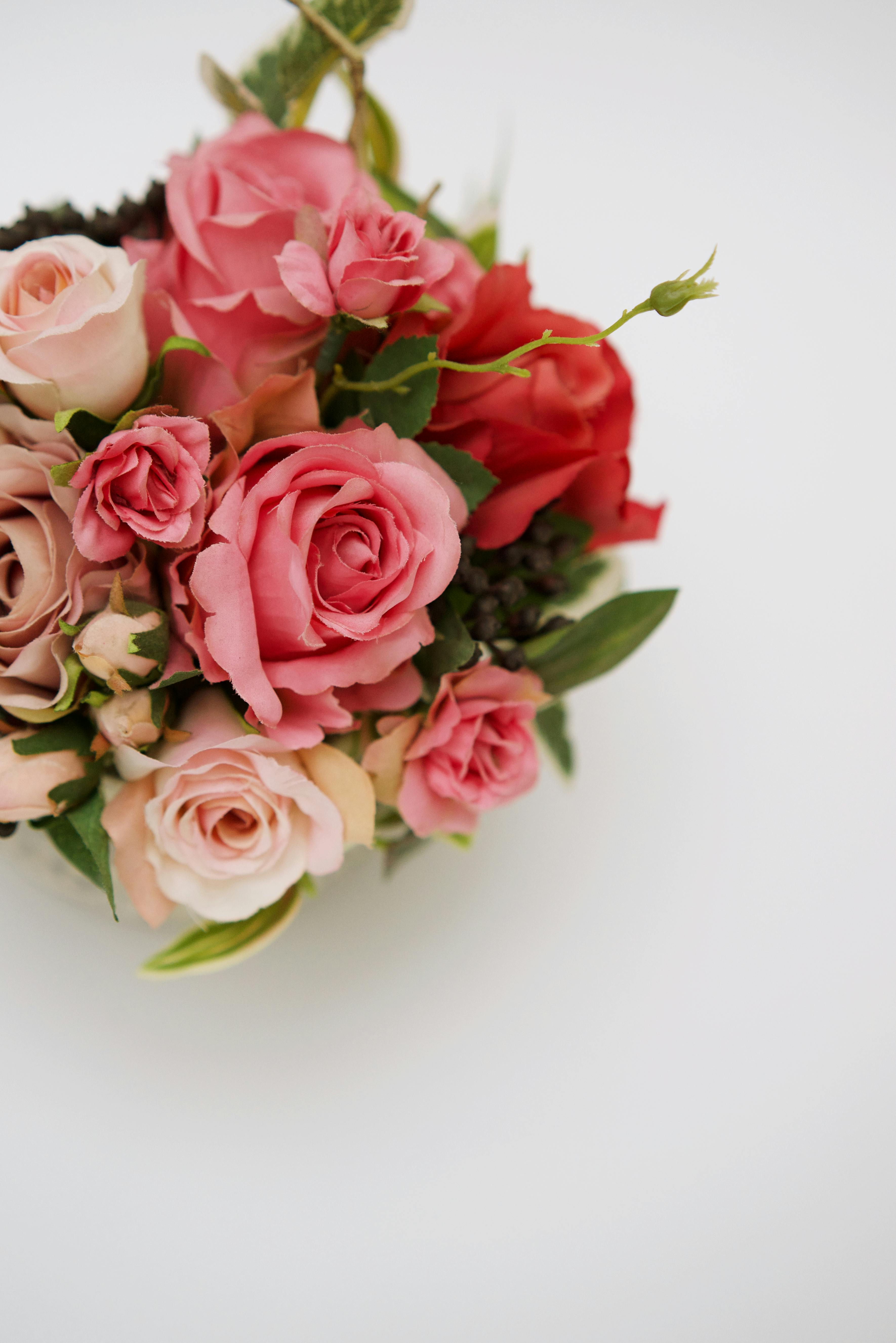 Hình ảnh tuyệt đẹp với bó hoa hồng sáng trên nền trắng sẽ mang đến cho bạn cảm giác tươi mới và đầy năng lượng. Hãy cùng đắm mình vào vẻ đẹp ngọt ngào của chiếc bó hoa này và tìm kiếm những ý tưởng mới mẻ cho sự sáng tạo của bạn.
