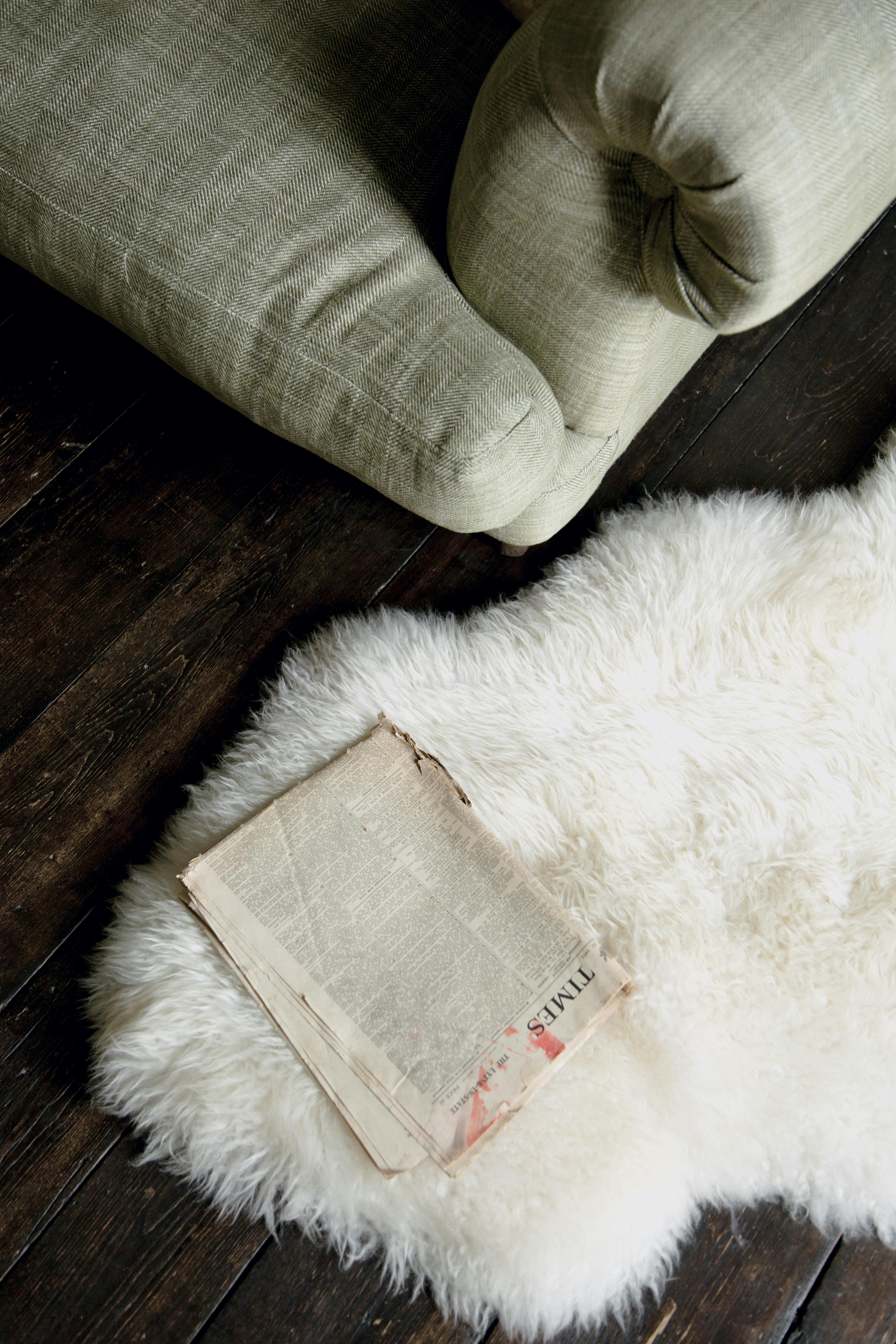 Free An old newspaper placed on a fur rug next to a sofa in a cozy indoor setting with wooden floors. Stock Photo