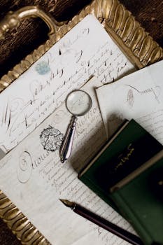 Top view of vintage papers with calligraphy, magnifying glass, and pen suggesting a vintage study.