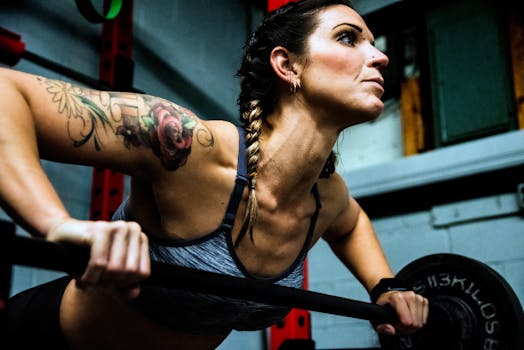 Focused woman lifting weights in a gym, showcasing strength and motivation.