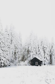 Charming cabin surrounded by snow-laden trees in a serene winter forest.