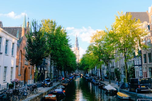 Perspective view of peaceful narrow canal street in Amsterdam with typical small houses on sunny spring day