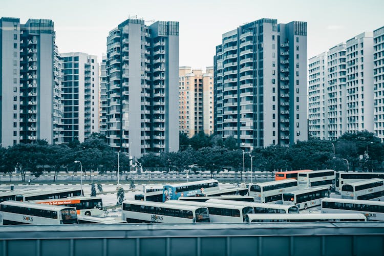 Buses Parked Near Buildings