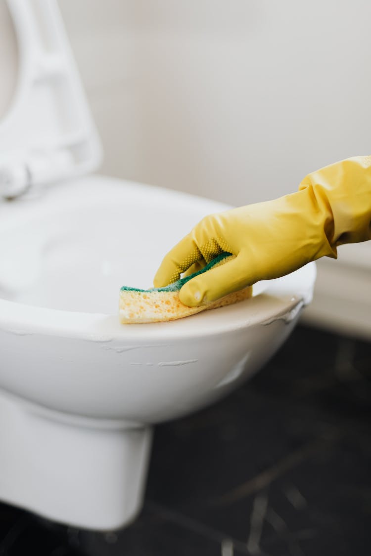 Crop Person In Rubber Glove Cleaning Toilet Bowl