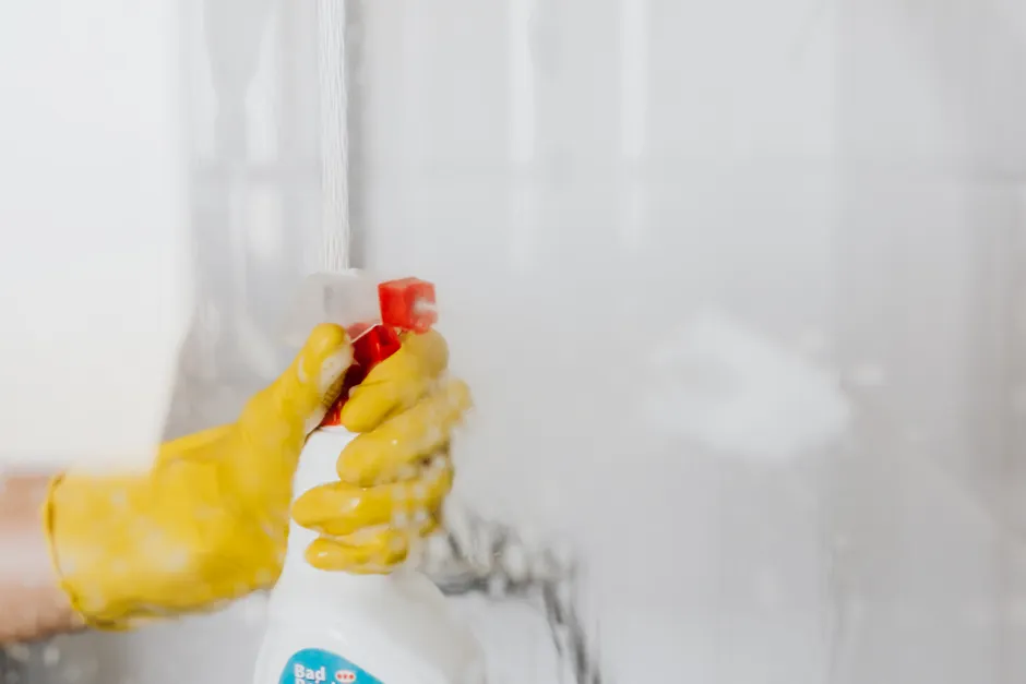 Mains appliquant un produit anti-moisissure sur une surface murale humide après sinistre